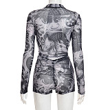 Summer Autumn Zipper Round Neck See Through Print Long Sleeved Pleated Triangle Shorts Set XYWL-J25ST218