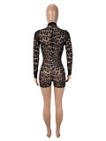 Sexy Leopard Print Mesh See-through Long-sleeved Round Neck Jumpsuit SHD-9551