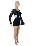 Sexy Lace Long-sleeved Backless Halter Neck Double-layer Jumpsuit SHD-9550