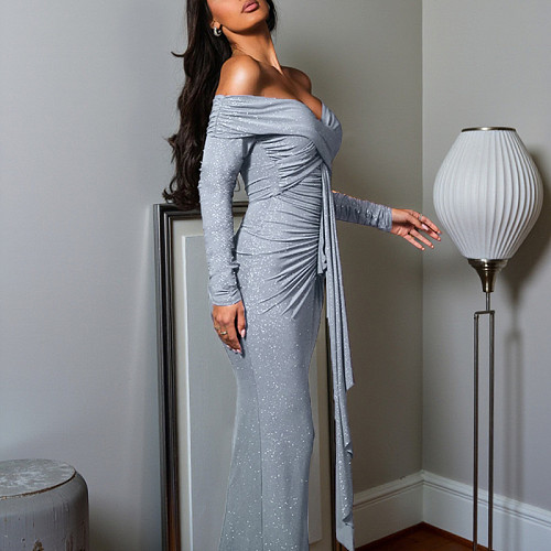 Sexy One-shoulder Rhinestone Long-sleeved Dress FLY-25342