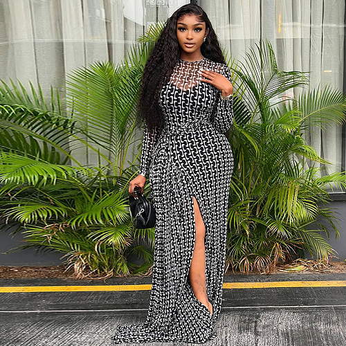 Slit Slightly Transparent Waist Printed High Collar Long Sleeve Hip Dress JY-303235