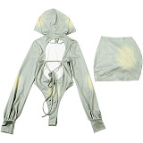 Sexy Backless Hooded Jumpsuit With Drawstring and Hip-hugging Miniskirt Set SXE-79493