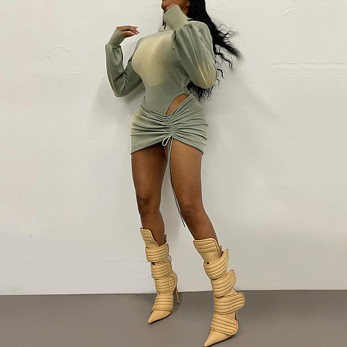 Sexy Backless Hooded Jumpsuit With Drawstring and Hip-hugging Miniskirt Set SXE-79493