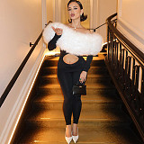 Sexy One-shoulder Fur Patchwork Navel-baring Long-sleeved Jumpsuit SXE-80364