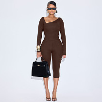 Irregular Slant Collar Pullover Long Sleeve Solid Color Slim Fit Capri Pants Suit XYWL-327