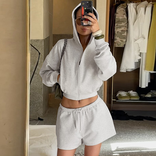 Fashion Short Hooded Jacket and Loose Shorts Set MRA-43790