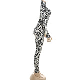 Fashionable Leopard Print Long-sleeved Half-high Collar Sports Slim-fit Jumpsuit DLS-80871