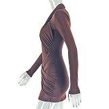 Fashionable Pleated Design Slim V-neck Long-sleeved Hip Dress JY-302897