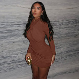 Fashionable Pleated Design Slim V-neck Long-sleeved Hip Dress JY-302897