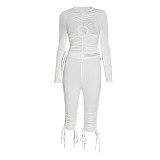 Fashionable Pullover Hollow Ring Pleated Adjustable Drawstring Cropped Pants Suit XYWL-310