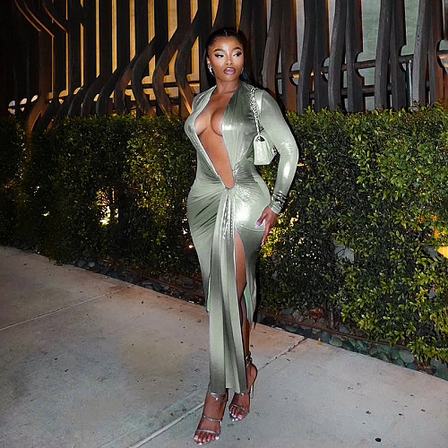 Flowing Design Deep V Neck Tight Slit Ribbon Dress DZHT-300