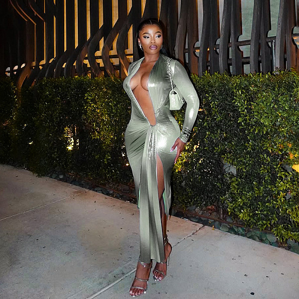 Flowing Design Deep V Neck Tight Slit Ribbon Dress DZHT-300