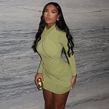 Fashionable Pleated Design Slim V-neck Long-sleeved Hip Dress JY-302897