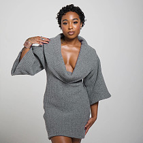 Elastic-folding Wobble Collar Knitwear Wide Sleeve Fitted Waist Short Mini Dress XYWL-322