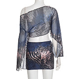 Tiger Print Mesh Off-Shoulder Long-Sleeved Top and Bodycon Skirt Set DZHT-403