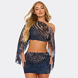 Tiger Print Mesh Off-Shoulder Long-Sleeved Top and Bodycon Skirt Set DZHT-403