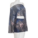 Tiger Print Mesh Off-Shoulder Long-Sleeved Top and Bodycon Skirt Set DZHT-403
