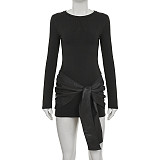 Solid Color Leather Patchwork Tight Long Sleeve Dress MRA-39889