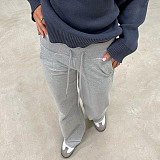 Loose Elastic Wide Waist Tie Patchwork Pockets Straight Sweatpants MRA-12750