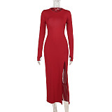 Fashion Slim Backless Knitted Sexy Slit Long Sleeve Dress SUM-24359