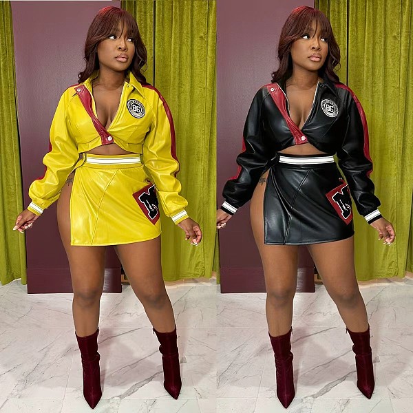 2025 Hot Girl Motorcycle PU Leather Printed Jacket + Slit Skirt Set YNS-8003
