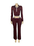 Fashion Women's Lapel Half-Zip Drawstring Wide Leg Pants Casual Sports Two-Piece Set CH-25056