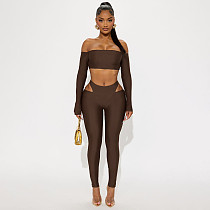 Autumn Off-Shoulder One-Sleeve Short Top with High-Waisted Lace-Up Pants Set XYWL-318