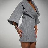 Elastic-folding Wobble Collar Knitwear Wide Sleeve Fitted Waist Short Mini Dress XYWL-322