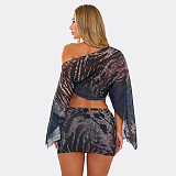 Tiger Print Mesh Off-Shoulder Long-Sleeved Top and Bodycon Skirt Set DZHT-403