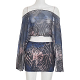 Tiger Print Mesh Off-Shoulder Long-Sleeved Top and Bodycon Skirt Set DZHT-403