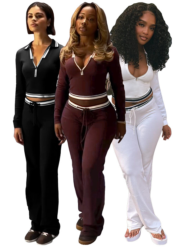 Fashion Women's Lapel Half-Zip Drawstring Wide Leg Pants Casual Sports Two-Piece Set CH-25056