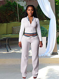 Fashion Women's Lapel Half-Zip Drawstring Wide Leg Pants Casual Sports Two-Piece Set CH-25056
