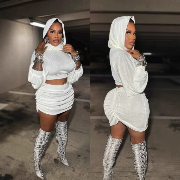 White Long Sleeve Hoodies Tops And Pleated Skirt Women 2 Pieces Suits YNS-2672