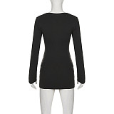 Solid Color Leather Patchwork Tight Long Sleeve Dress MRA-39889