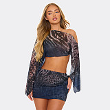 Tiger Print Mesh Off-Shoulder Long-Sleeved Top and Bodycon Skirt Set DZHT-403