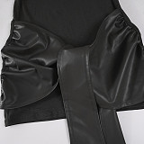 Solid Color Leather Patchwork Tight Long Sleeve Dress MRA-39889