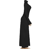 Fashionable Creative Pleated Solid Color Elegant Tight-Fitting Long Sleeve High-Waisted Dress ZJQD-81046