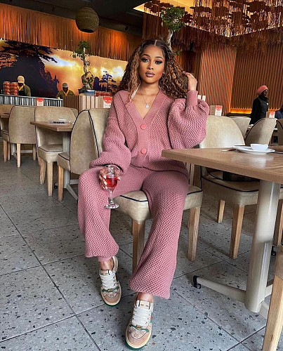 Casual Loose V-neck Cardigan Sweater Two-piece Set NY-109