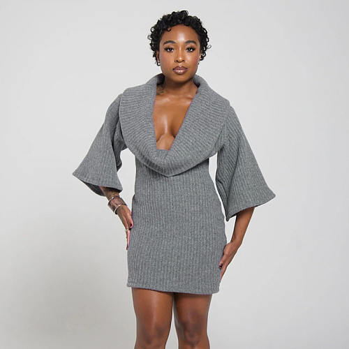 Elastic-folding Wobble Collar Knitwear Wide Sleeve Fitted Waist Short Mini Dress XYWL-322
