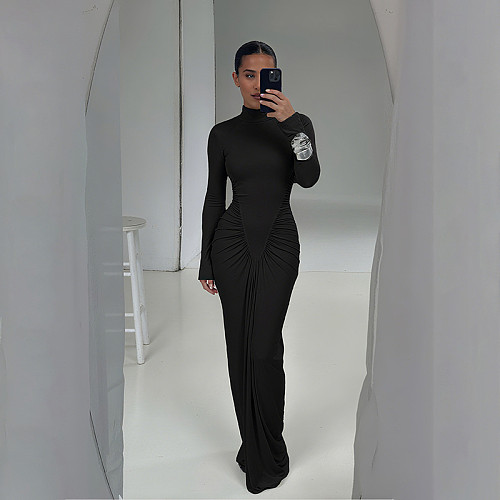 Fashionable Creative Pleated Solid Color Elegant Tight-Fitting Long Sleeve High-Waisted Dress ZJQD-81046
