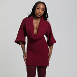 Elastic-folding Wobble Collar Knitwear Wide Sleeve Fitted Waist Short Mini Dress XYWL-322