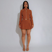 Loose Long Sleeve Top Slim Pleated Skirt Stretchable Two-Piece Set MDF-5573
