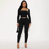 Square Neck Contrast Stitch Long Sleeve Top Tight High Waist Long Pants Suit DZHT-294