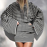 Striped Bat Sleeve Waist-Cinching Long Sleeve T-Shirt with High-Waisted Skirt Set MRA-43977