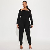 Square Neck Contrast Stitch Long Sleeve Top Tight High Waist Long Pants Suit DZHT-294