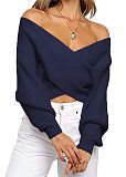 Spring Autumn Women Long-sleeved V-neck Front-crossed Solid Casual Loose Knitted Pullover Sweater RS-M2017