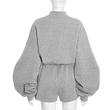 Pure Color Long Sleeve Sweatshirt Top Loose Casual Shorts Set DZHT-317