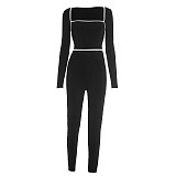 Square Neck Contrast Stitch Long Sleeve Top Tight High Waist Long Pants Suit DZHT-294