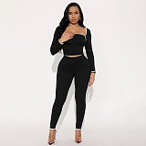 Square Neck Contrast Stitch Long Sleeve Top Tight High Waist Long Pants Suit DZHT-294