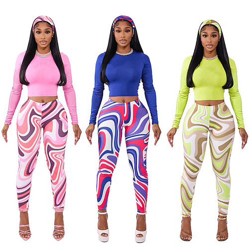 New Versatile Solid Color Long Sleeve Top with Wavy Printed Pants Two-Piece Set
